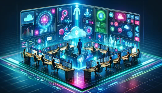 DALL·E 2024-06-04 22.12.55 - A futuristic and vibrant scene representing a unified, cloud-based contact center solution. The image showcases a high-tech, sleek office with agents
